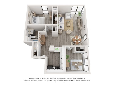 Floor plan for 1 bed, 1 bath, 838 sqft
